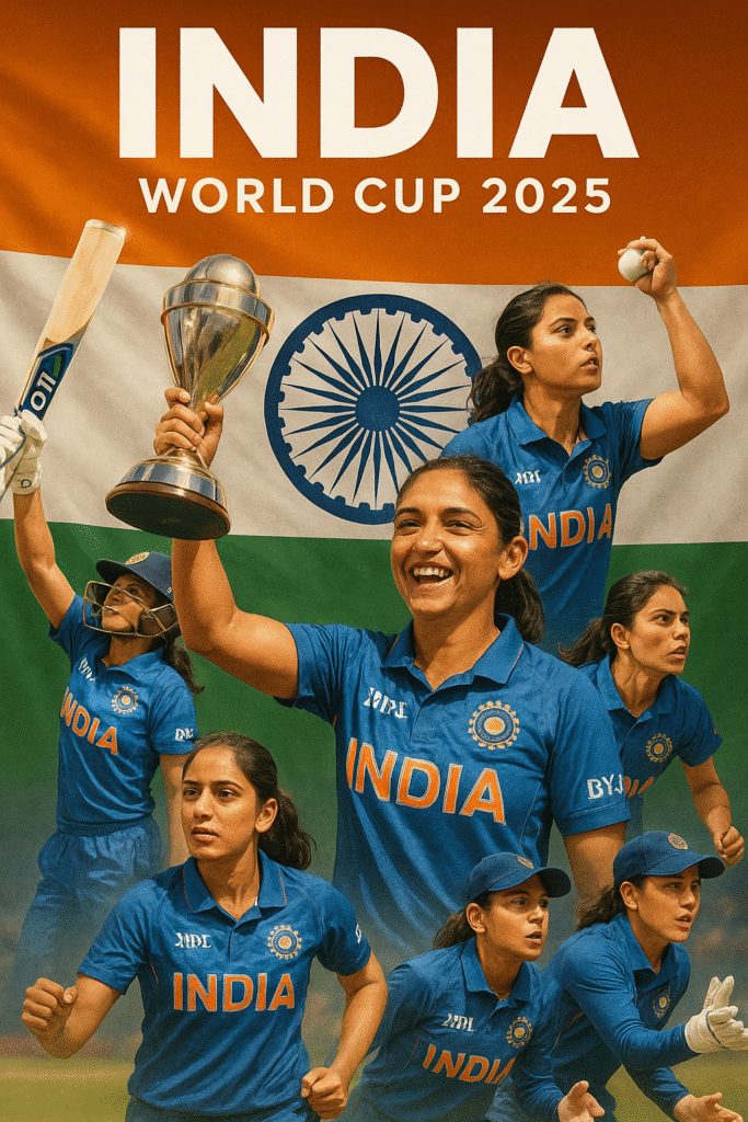 The Indian Women Cricket Team World Cup 2025 poster featuring players celebrating with the trophy in front of the Indian flag, symbolizing pride and victory.
