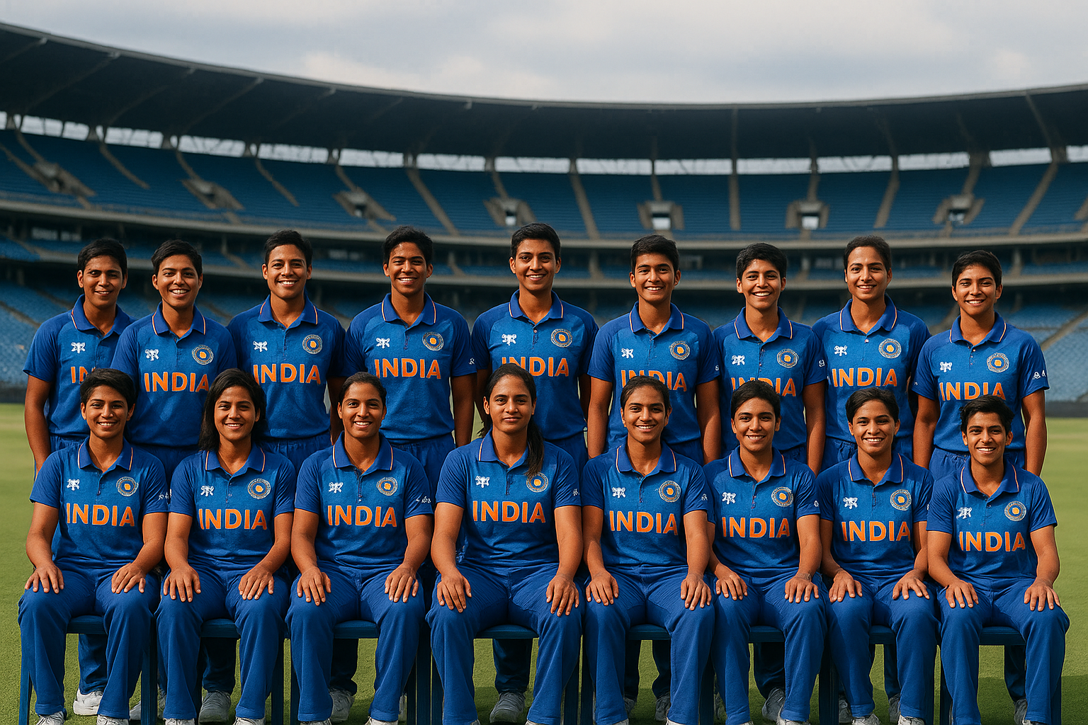 The Indian Women Cricket Team posing for the official squad photo before the World Cup 2025, wearing blue jerseys with the “INDIA” logo at a cricket stadium.