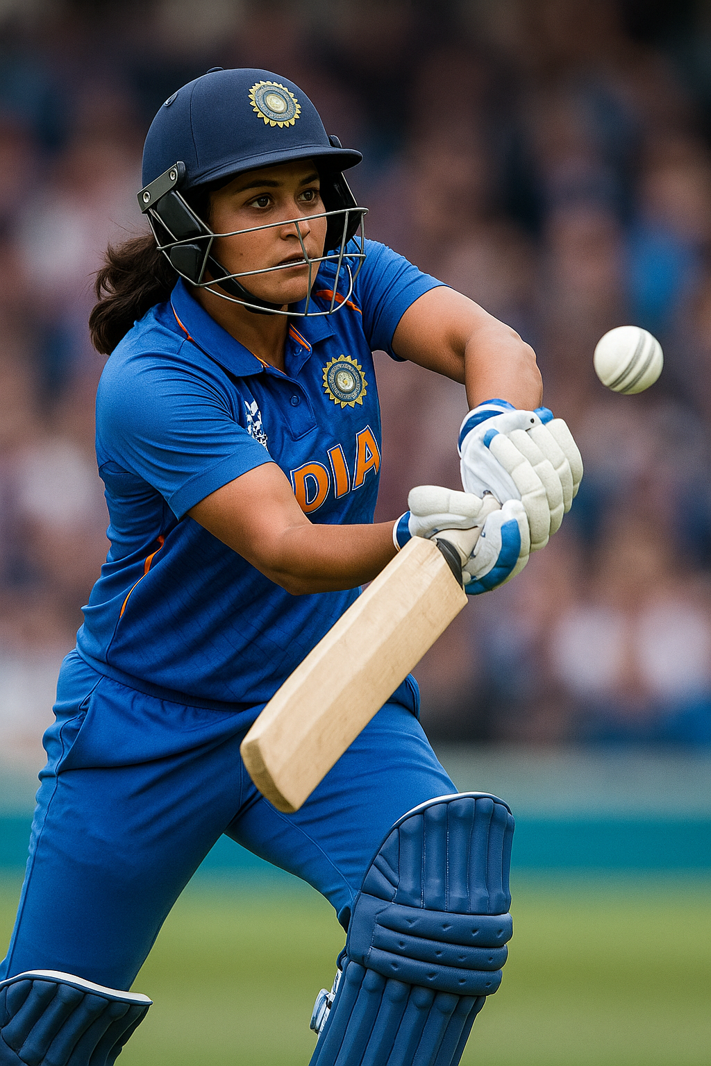 A female Indian cricketer playing a powerful shot during a match in the Indian Women Cricket Team World Cup 2025, wearing the official blue jersey with “INDIA” logo.