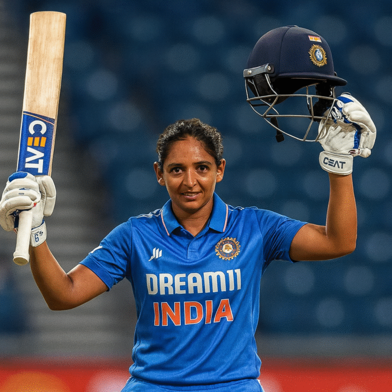 Harmanpreet Kaur the powerhouse of Indian women’s cricket celebrates her century in blue Indian team uniform on the cricket field.