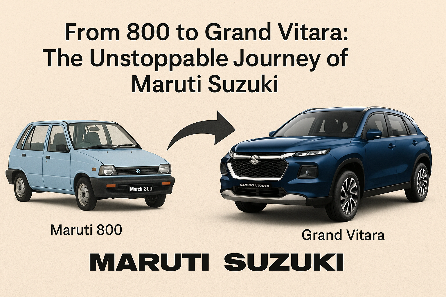 Illustration showing the evolution of Maruti Suzuki from the classic Maruti 800 to the modern Grand Vitara, symbolizing the brand’s unstoppable journey in India’s automobile industry.