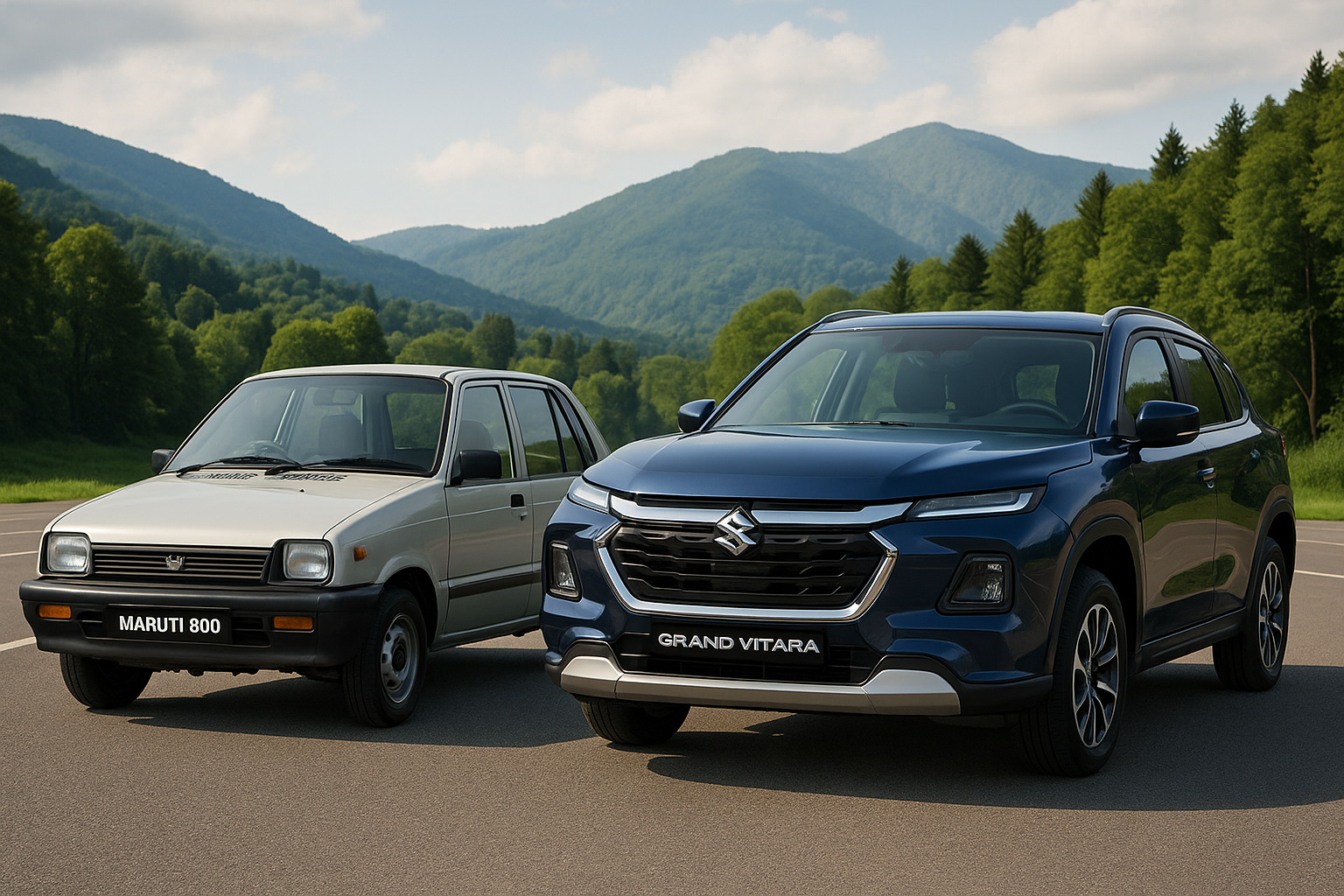 Illustration showing the evolution of Maruti Suzuki from the classic Maruti 800 to the modern Grand Vitara, symbolizing the brand’s unstoppable journey in India’s automobile industry.