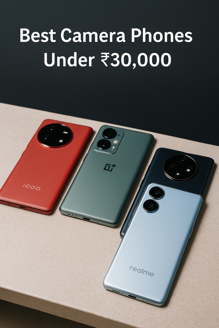 Best Camera Phones Under ₹30,000 in India 2025 – iQOO, OnePlus, Realme smartphones displayed on a studio table showing premium camera designs.