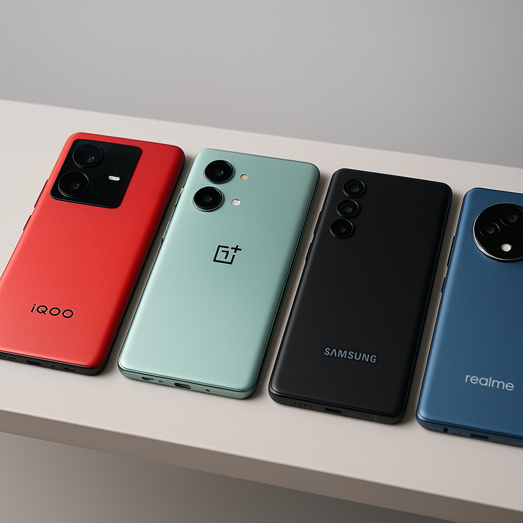 Best Camera Phones Under ₹30000 in India 2025 featuring four smartphones from iQOO, OnePlus, Samsung, and Realme arranged neatly on a light gray studio table showcasing premium camera design and flagship feel.