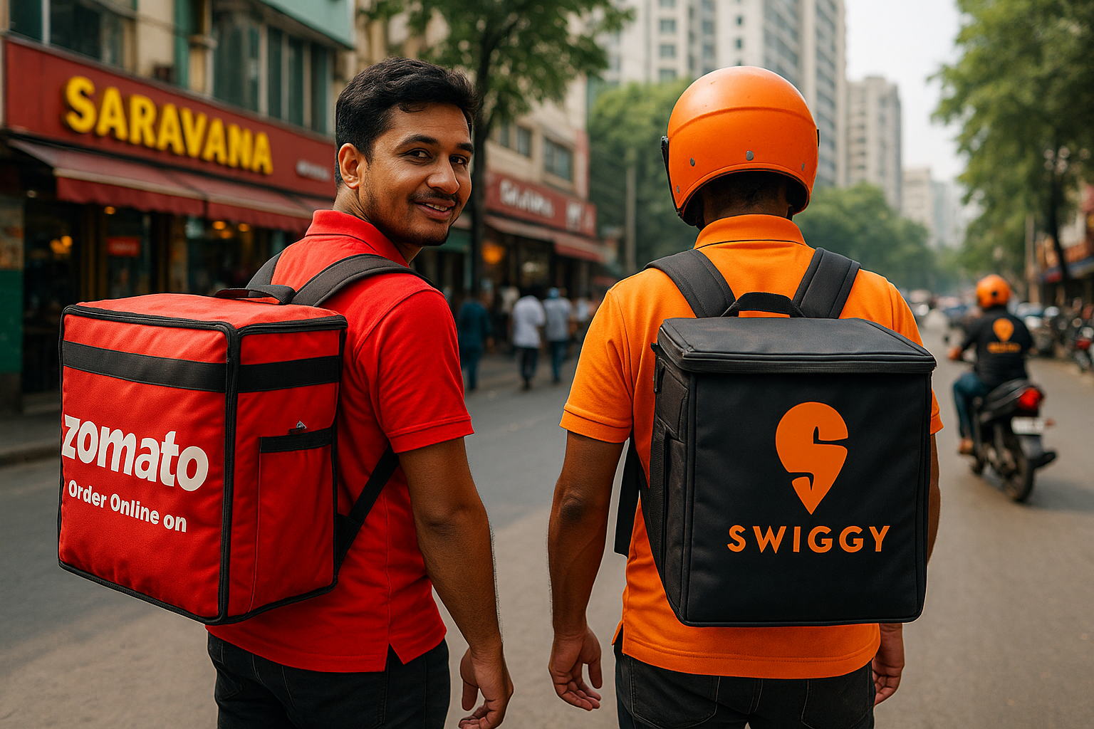 Zomato and Swiggy delivery riders in Indian city street showcasing India’s leading food delivery brands and their success story in 2025.