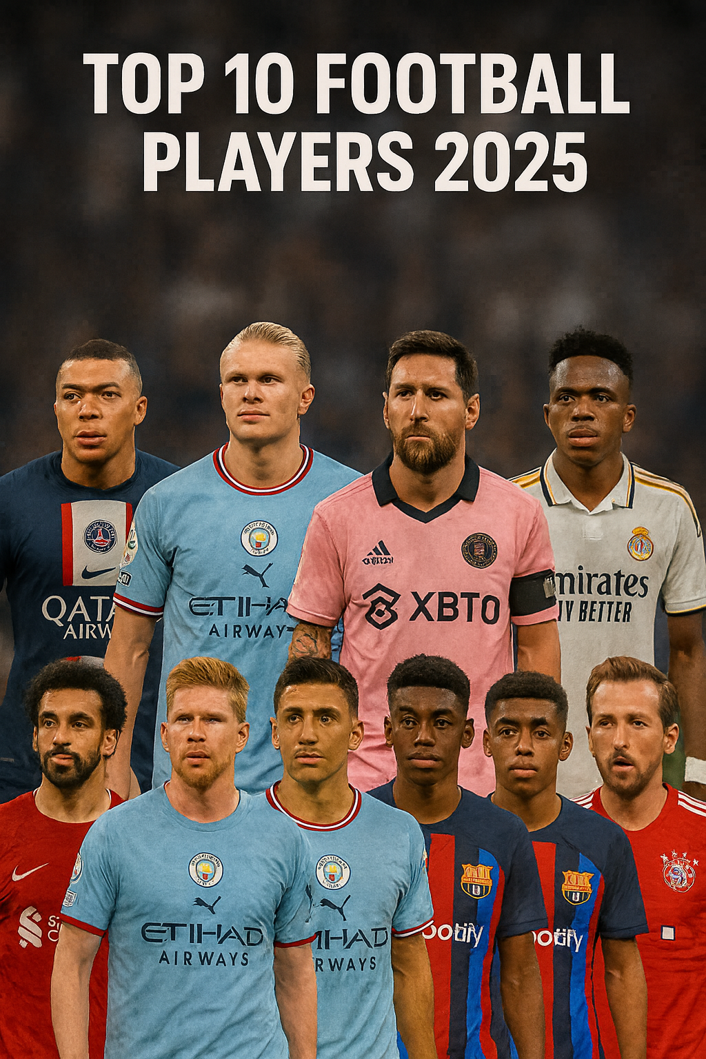 Top 10 Football Players in the World 2025 – Realistic poster featuring global football stars including Mbappé, Haaland, Messi, and others in action.
