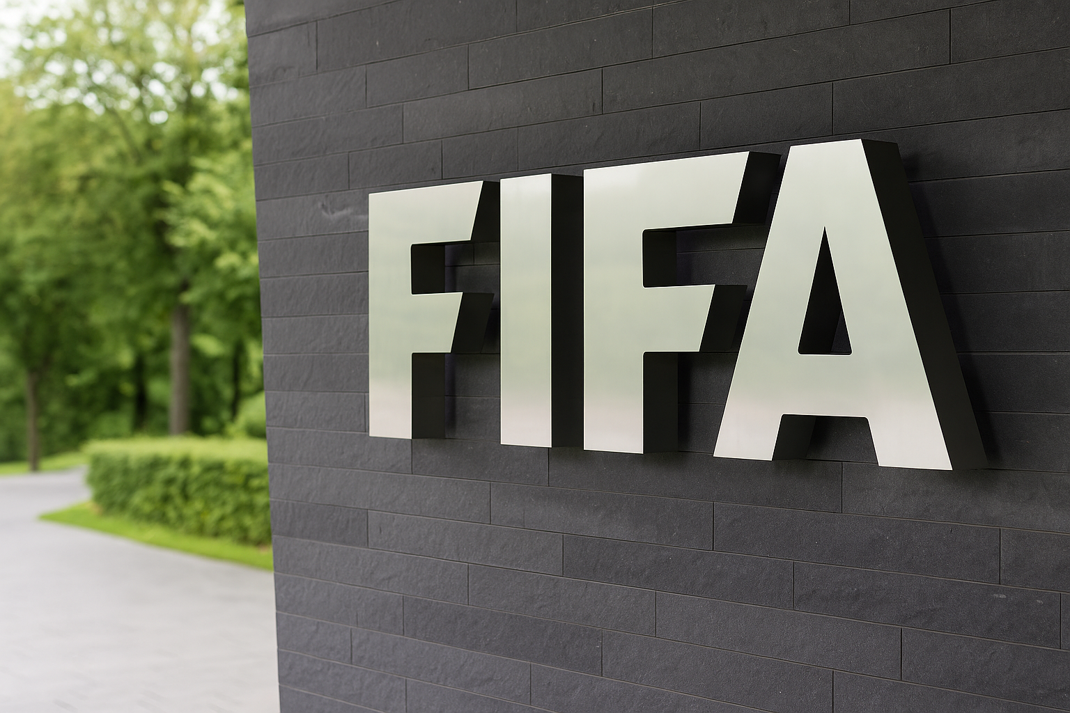 FIFA logo outside headquarters building in Zurich, Switzerland with greenery in background.