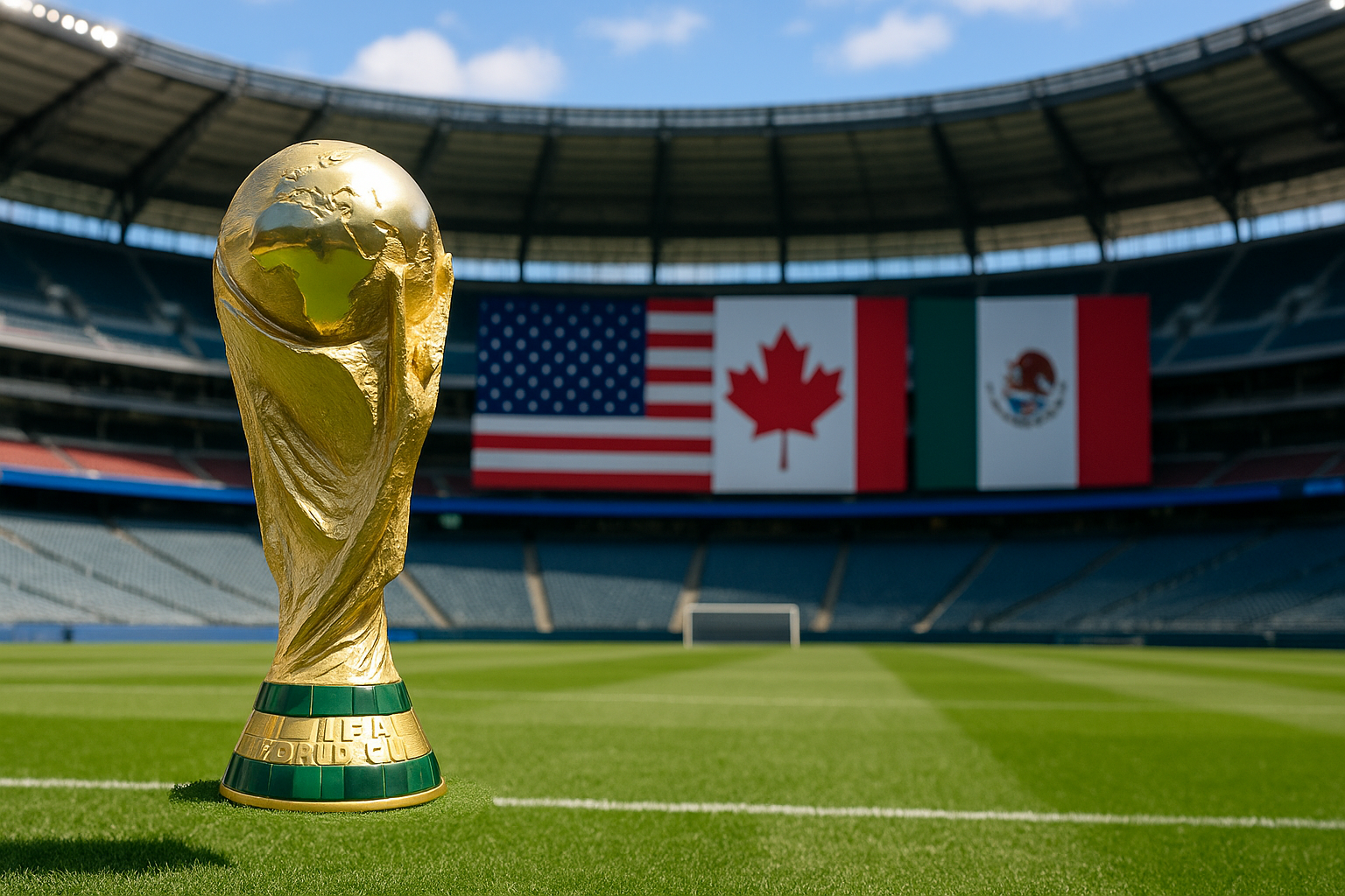 FIFA World Cup 2026 trophy in stadium with USA, Canada, and Mexico flags representing host nations.