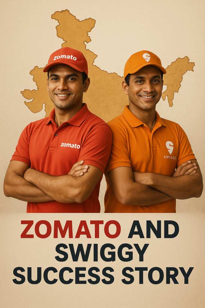 Zomato and Swiggy delivery partners standing confidently in front of an India map, representing their success story and leadership in India’s food delivery industry in 2025.