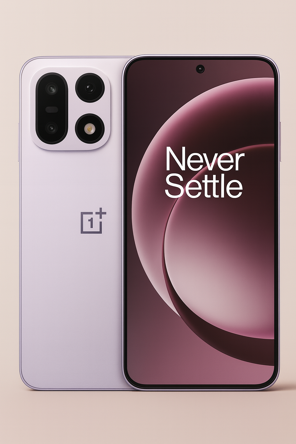 OnePlus 15 smartphone in lavender color showing front and back design with “Never Settle” display and triple-camera setup.