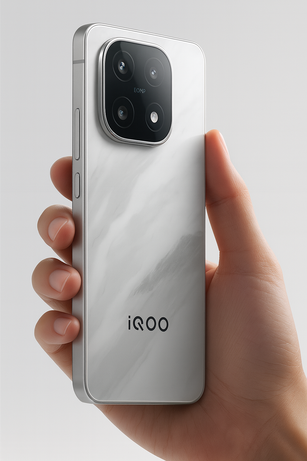 Close-up of the iQOO 15 smartphone with marble white back, triple-camera setup, and metallic frame held in hand.