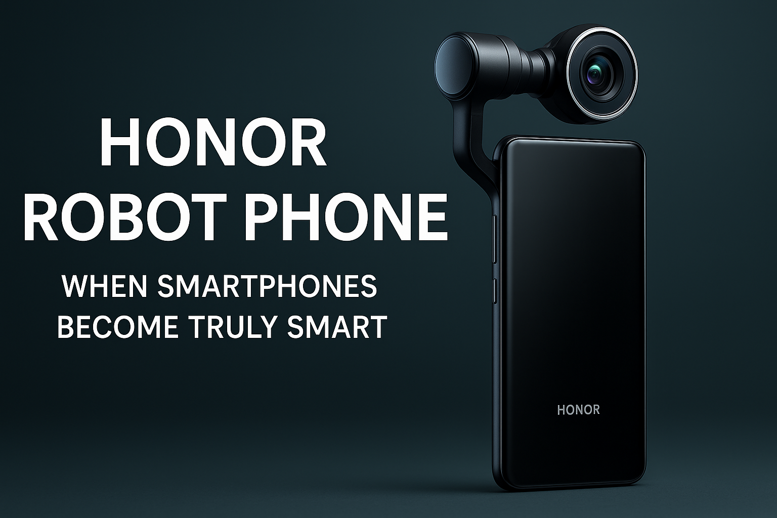 Honor Robot Phone concept with robotic camera arm extending upward on a futuristic teal background