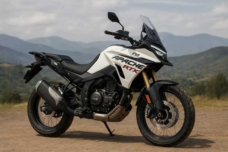 TVS Apache RTX 300 adventure bike with LED headlights and touring design parked in a mountain landscape.