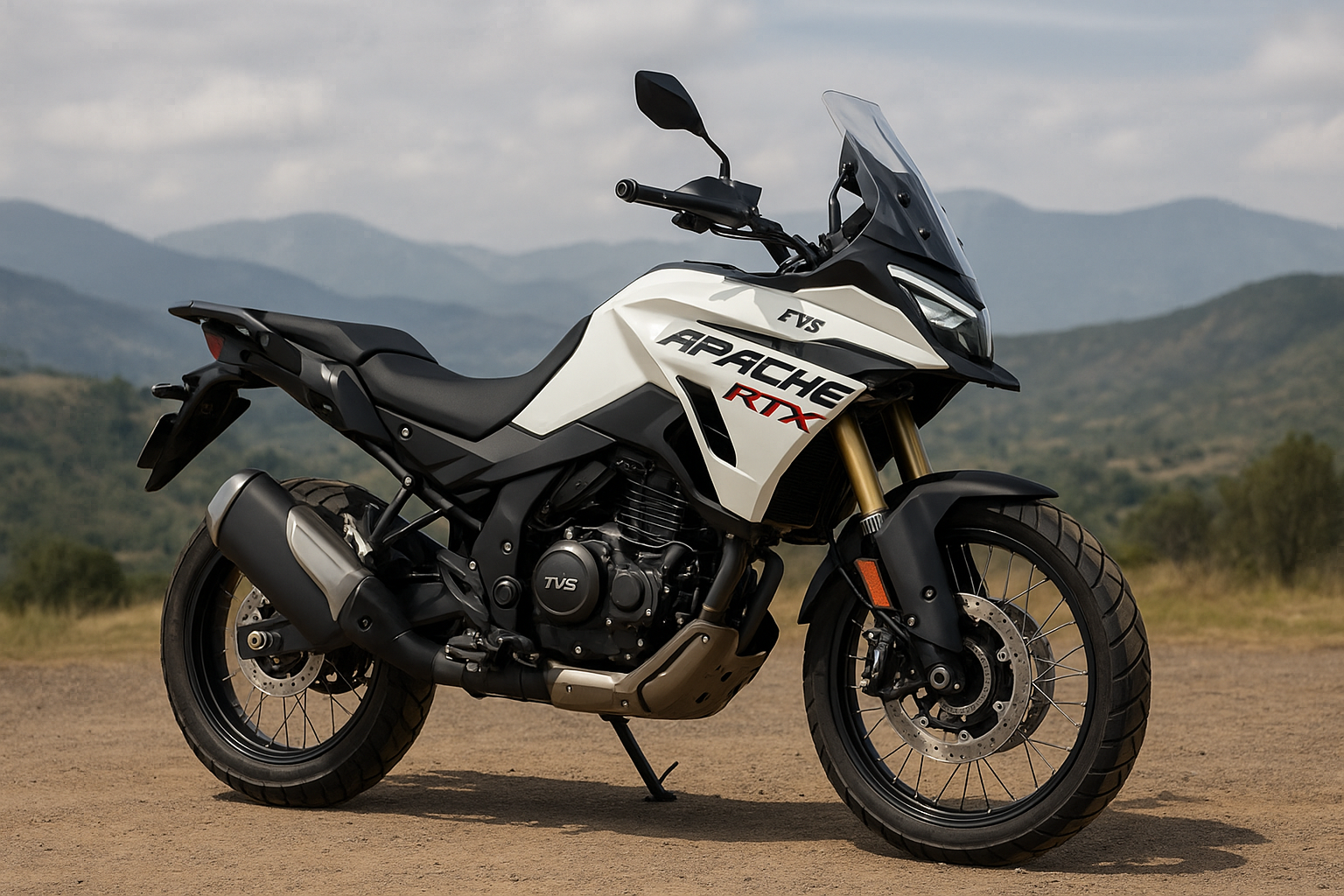 TVS Apache RTX 300 adventure bike with LED headlights and touring design parked in a mountain landscape.