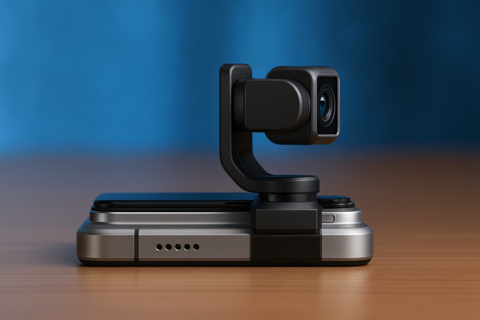 Futuristic Honor Robot Phone concept featuring a gimbal-mounted camera on a sleek metallic smartphone body, set against a soft blue background.