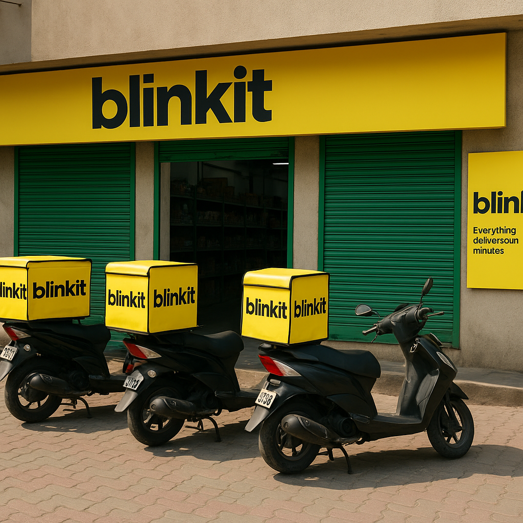 Blinkit dark store with yellow branding, three delivery scooters parked outside with Blinkit boxes, representing quick commerce operations.