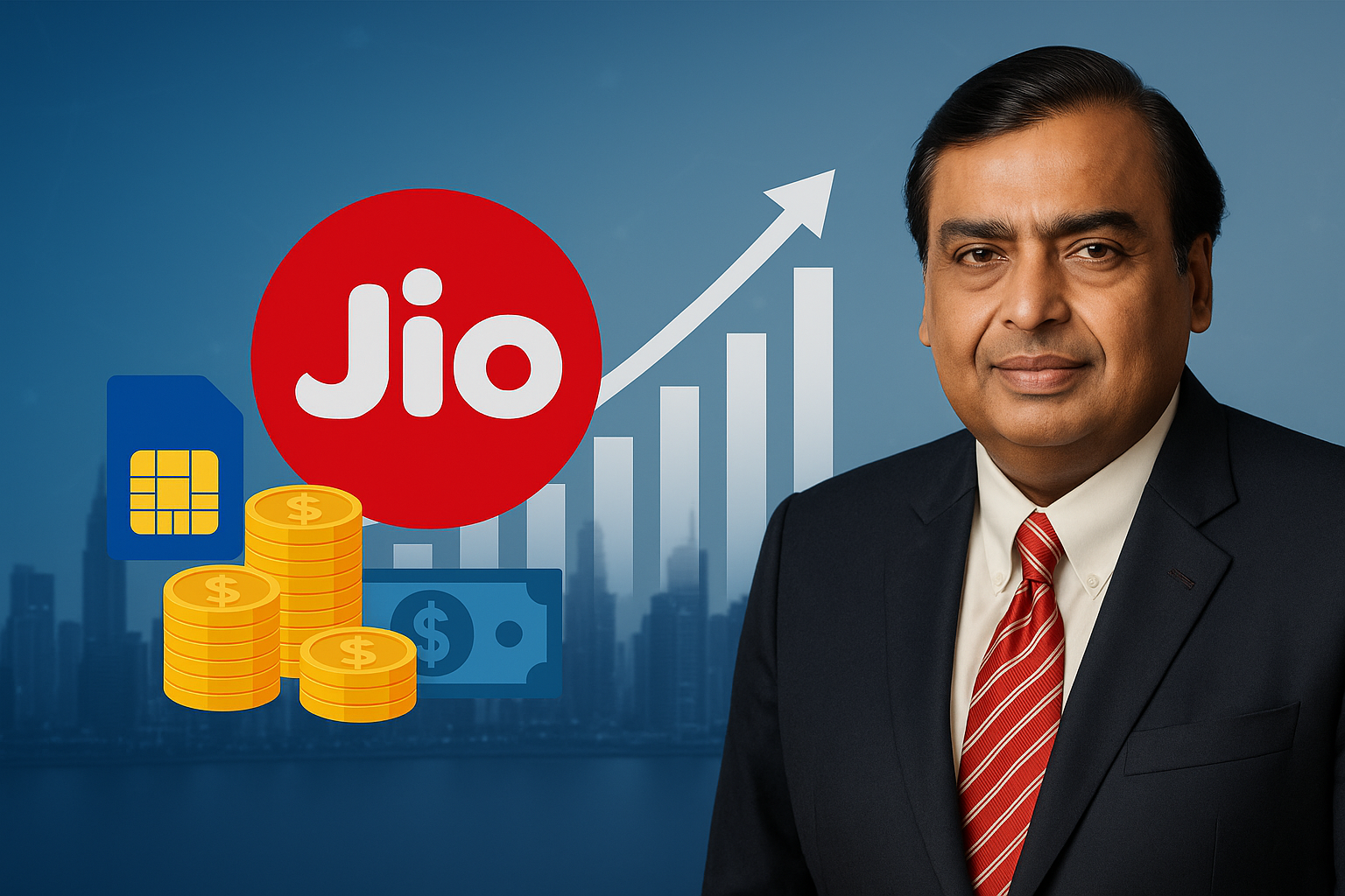 Reliance Jio success story illustration showing Mukesh Ambani, Jio logo, money stacks, and a rising graph symbolizing growth and digital revolution.