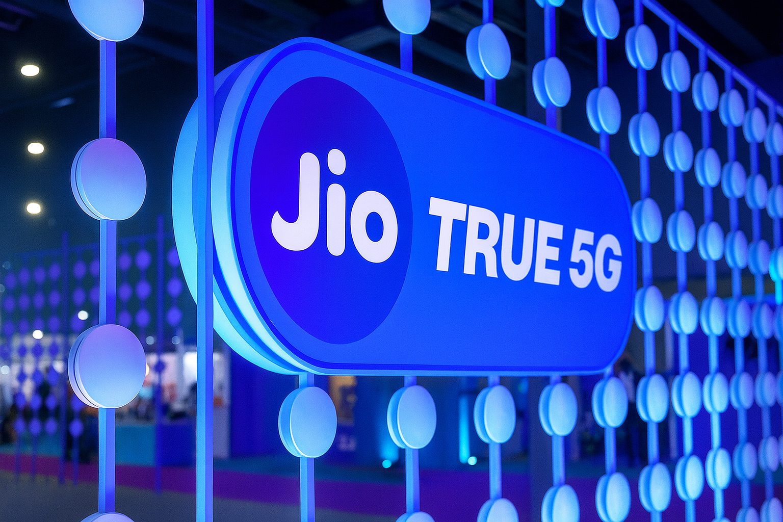 Reliance Jio True 5G booth with glowing signage and futuristic lighting, representing India’s next-gen telecom technology.