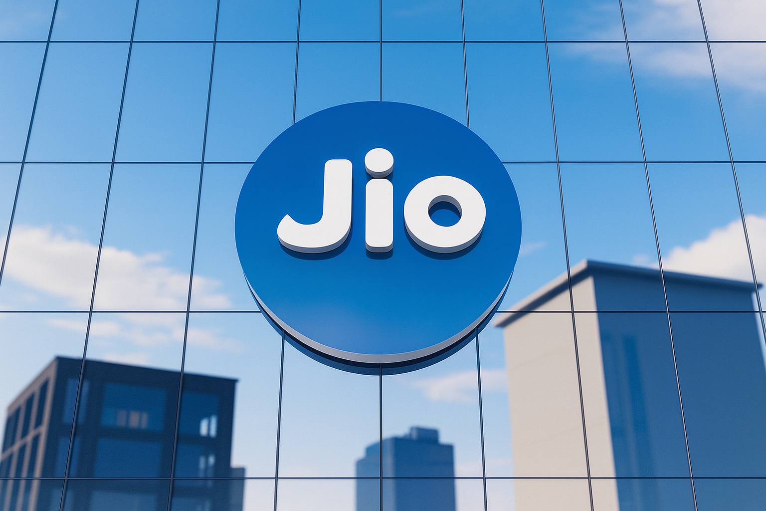 Reliance Jio logo on a modern glass building with reflections of city skyscrapers under a clear blue sky, symbolizing innovation and digital growth.