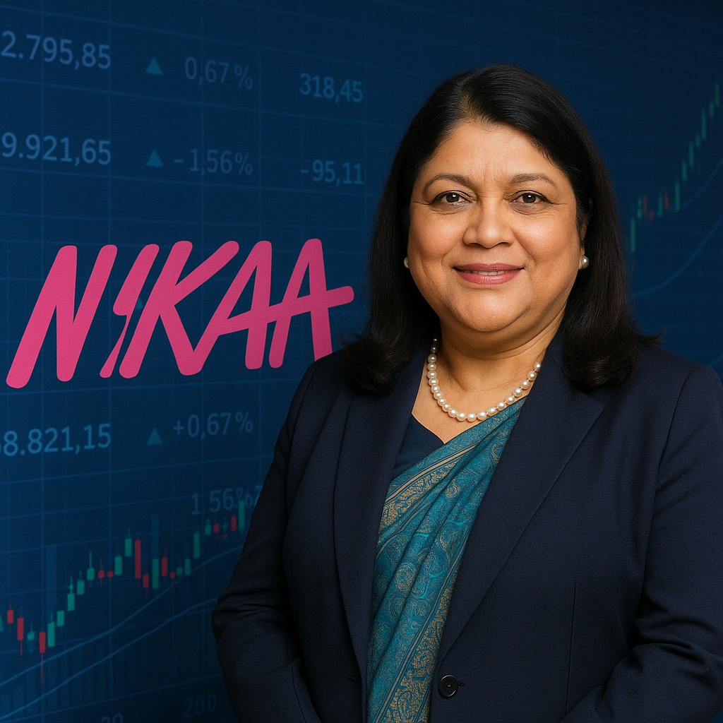 Falguni Nayar, founder of Nykaa, standing confidently with the Nykaa logo and stock market background, representing her success as a beauty billionaire.
