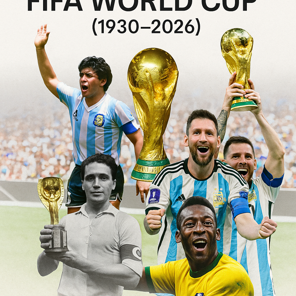 History of FIFA World Cup featuring iconic football moments from 1930 to 2026