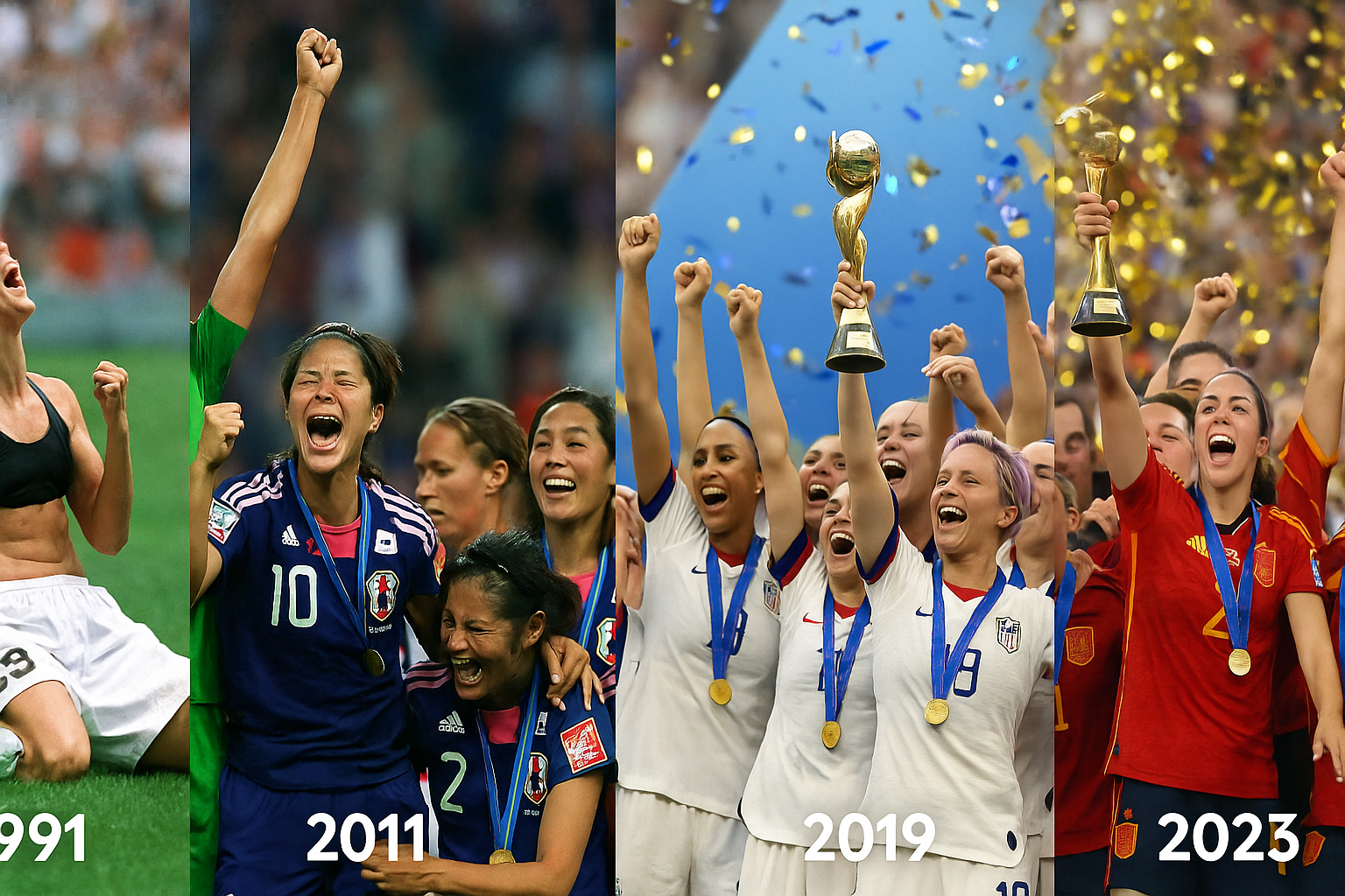 FIFA Women's World Cup history from 1991 to 2023 showing champions and iconic moments