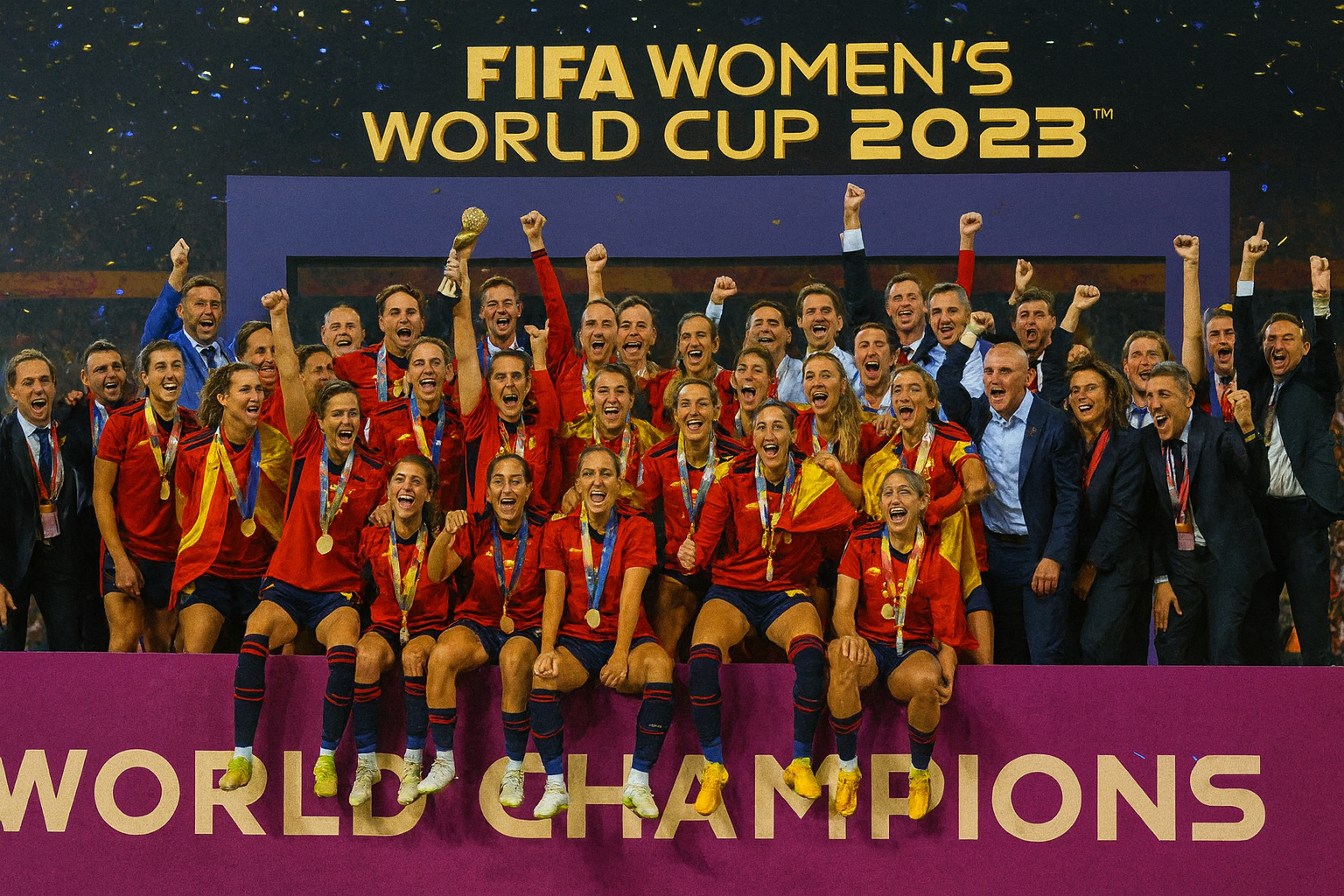Spain women's football team celebrating victory at the FIFA Women’s World Cup 2023, lifting the trophy on stage with confetti and the World Champions banner.