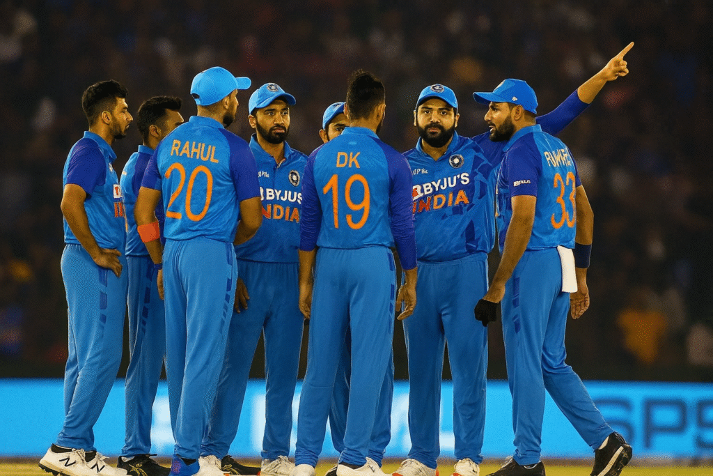 India National Cricket Team huddle on field
