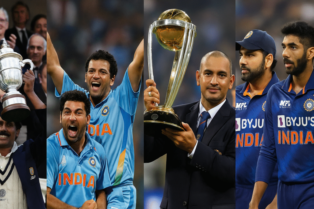 A collage showing iconic moments of the India National Cricket Team — from Kapil Dev lifting the 1983 World Cup to Dhoni’s 2011 victory and modern stars like Rohit Sharma and Bumrah representing 2025.