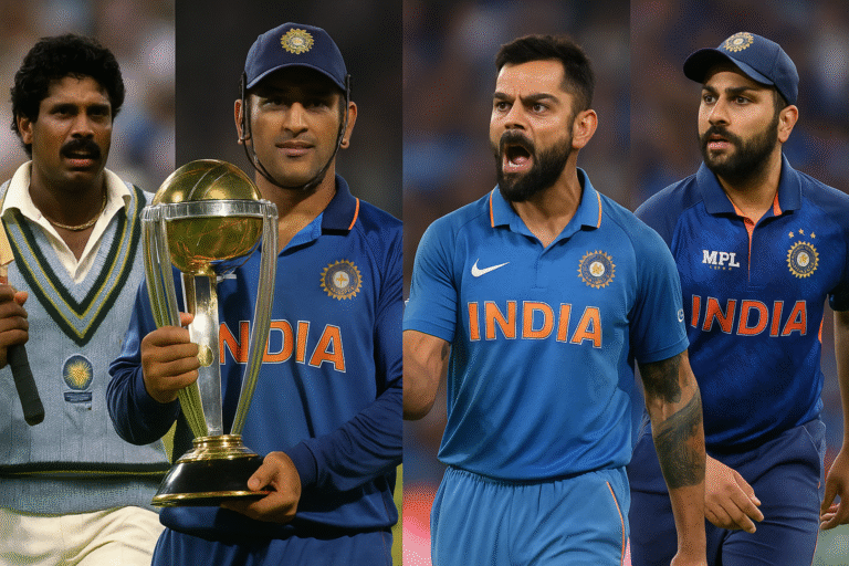 Four legendary captains of the India National Cricket Team — Kapil Dev, MS Dhoni, Virat Kohli, and Rohit Sharma — wearing the blue jersey, symbolizing the glorious history and evolution of the India National Cricket Team across different eras.