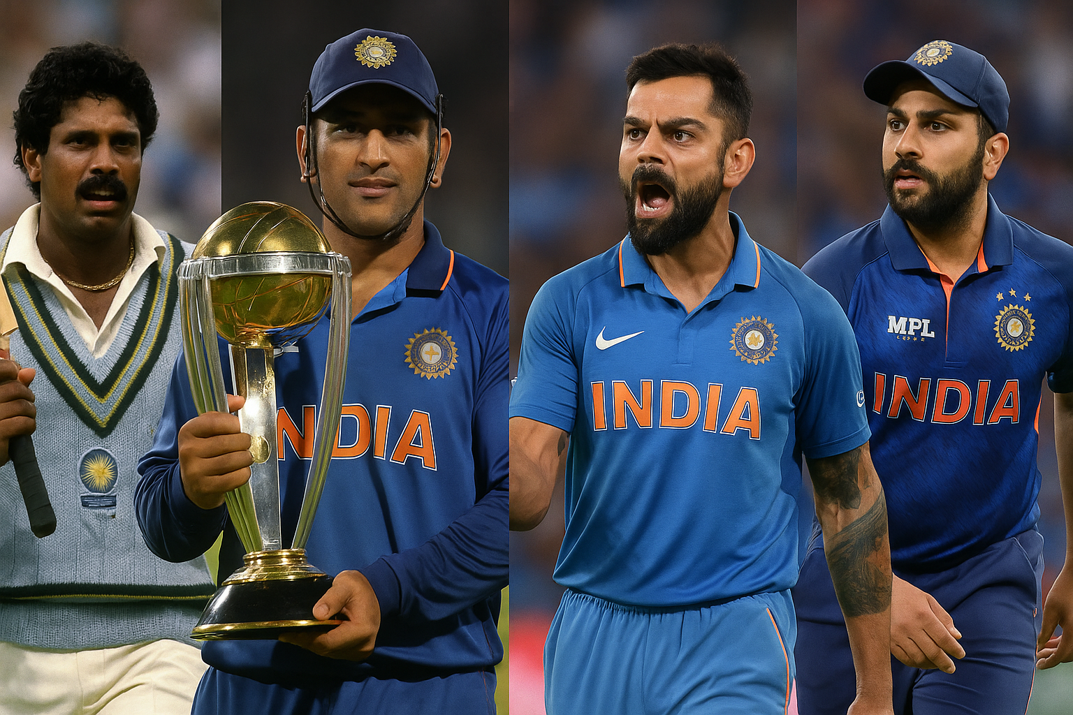Four legendary captains of the India National Cricket Team — Kapil Dev, MS Dhoni, Virat Kohli, and Rohit Sharma — wearing the blue jersey, symbolizing the glorious history and evolution of the India National Cricket Team across different eras.