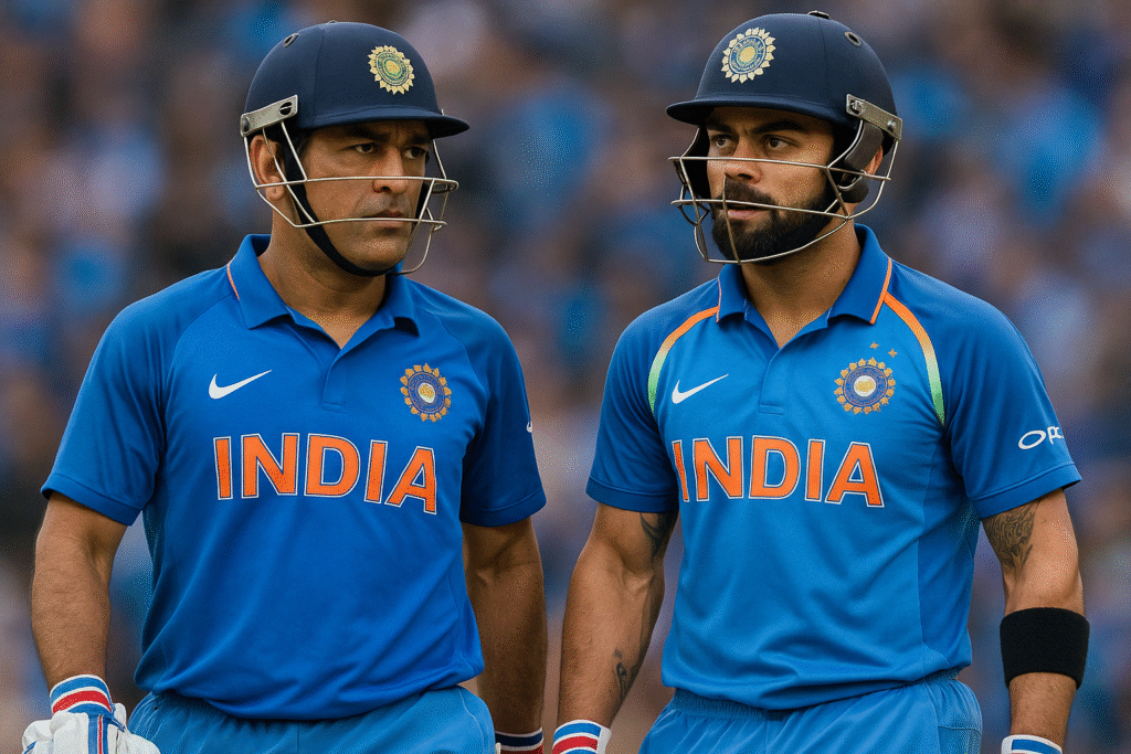 Mahendra Singh Dhoni and Virat Kohli of the India National Cricket Team standing together on the field in blue jerseys during a match, symbolizing the golden era of Indian cricket.