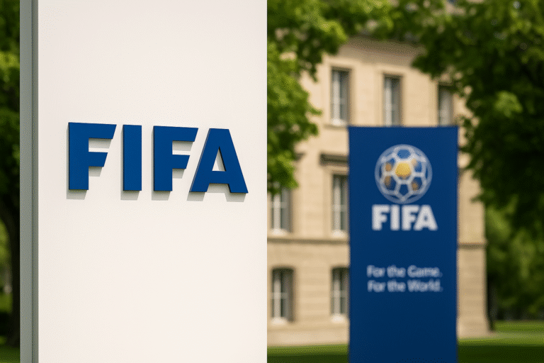 What Is FIFA? FIFA headquarters with logo sign and banner showing “For the Game. For the World.” slogan.