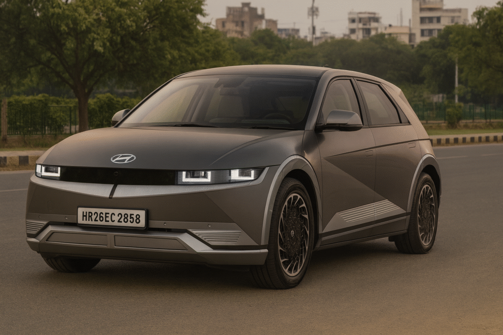 Hyundai Ioniq 5 in India electric SUV on city road.