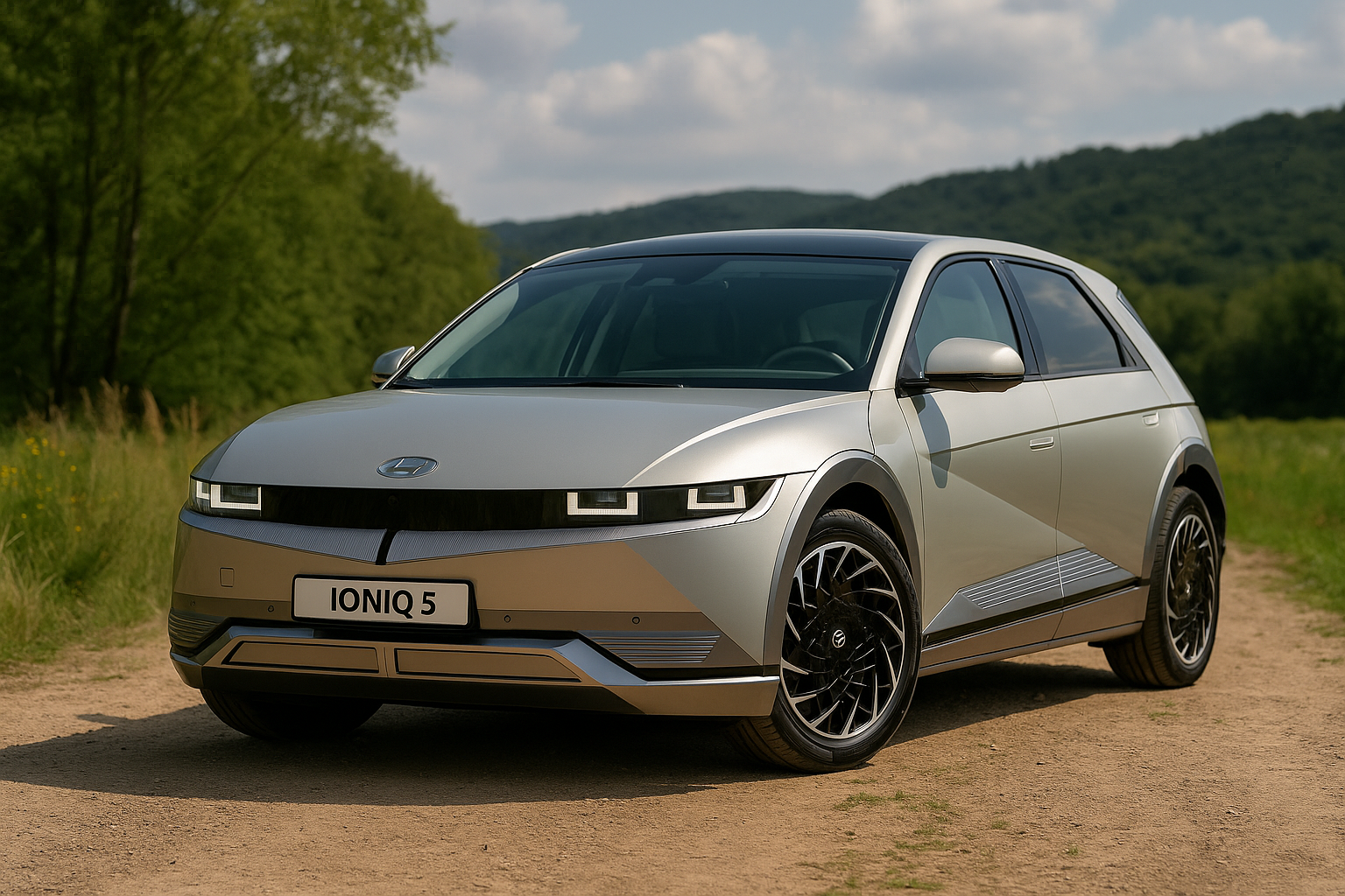 Hyundai Ioniq 5 electric SUV parked on a scenic dirt trail surrounded by greenery and hills under sunlight.