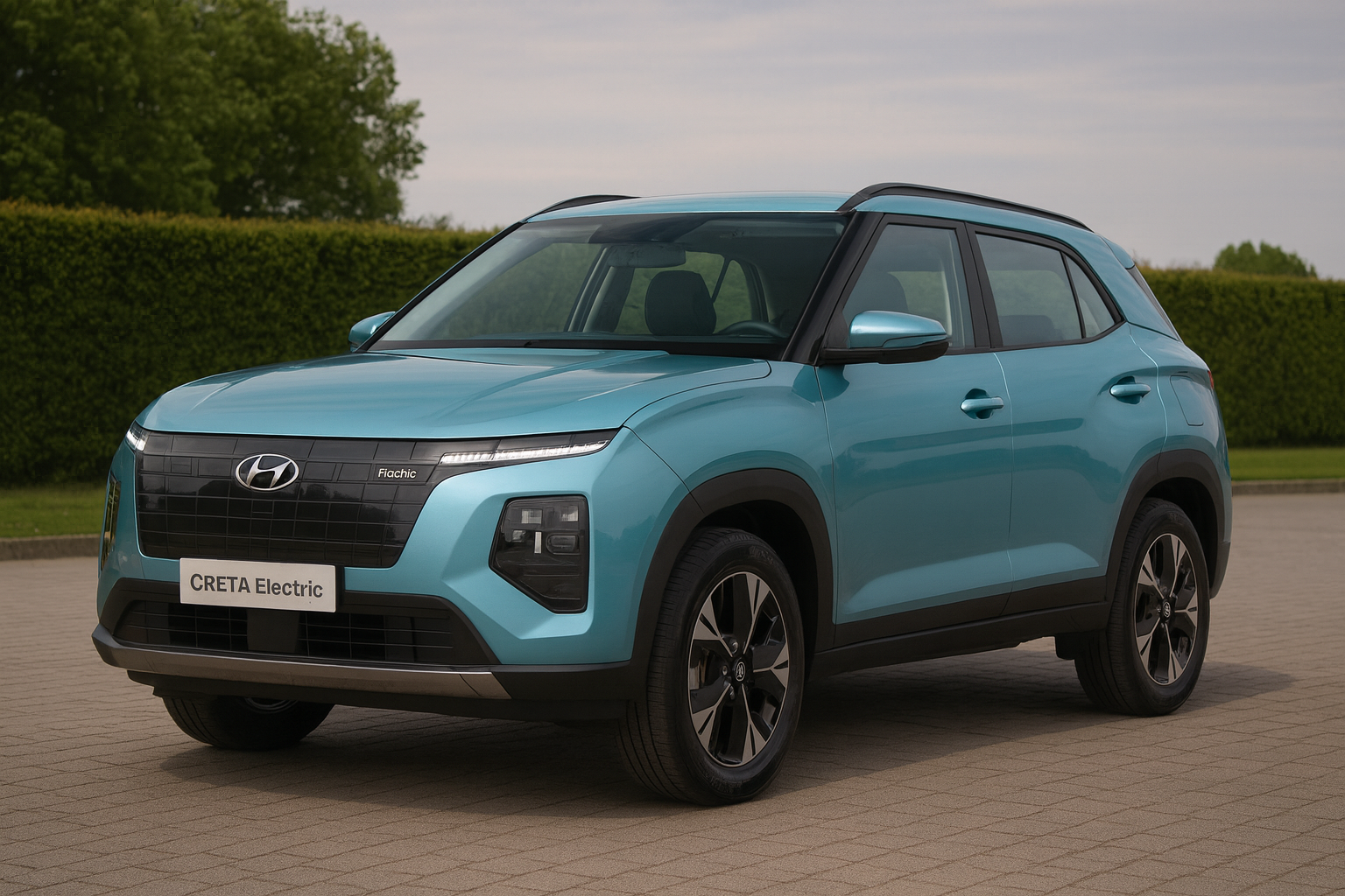 Hyundai CRETA Electric in light blue and black dual-tone finish parked outdoors.