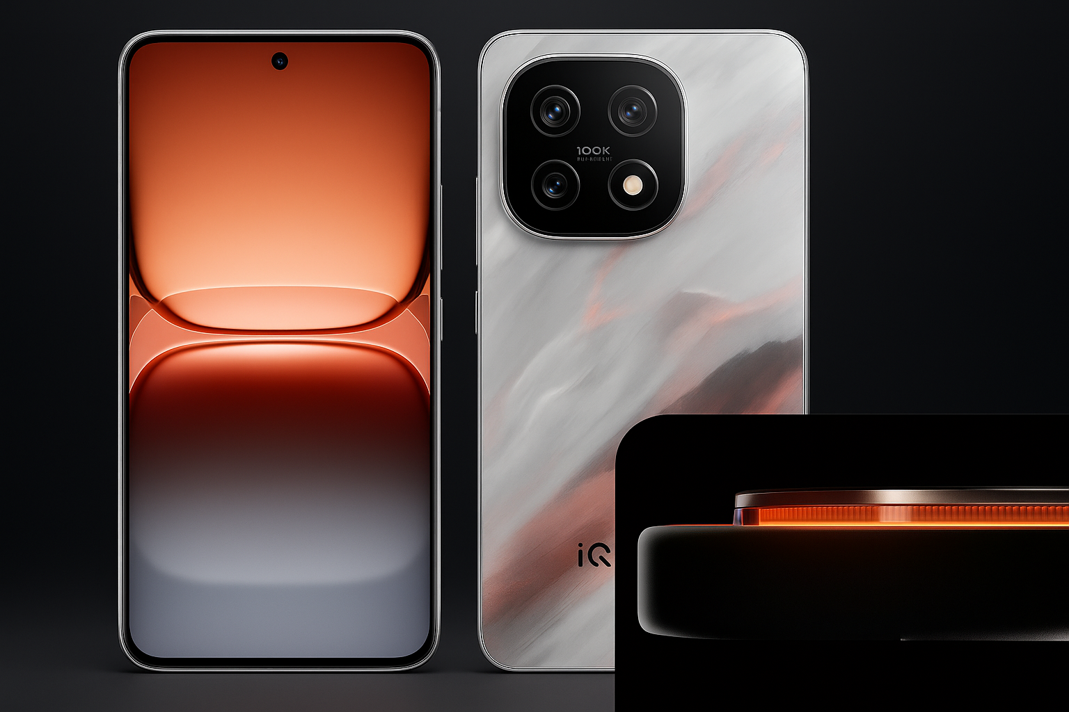 Vivo iQOO 15 smartphone front and back design with marble finish and glowing orange camera ring, displayed in a dark studio setup.