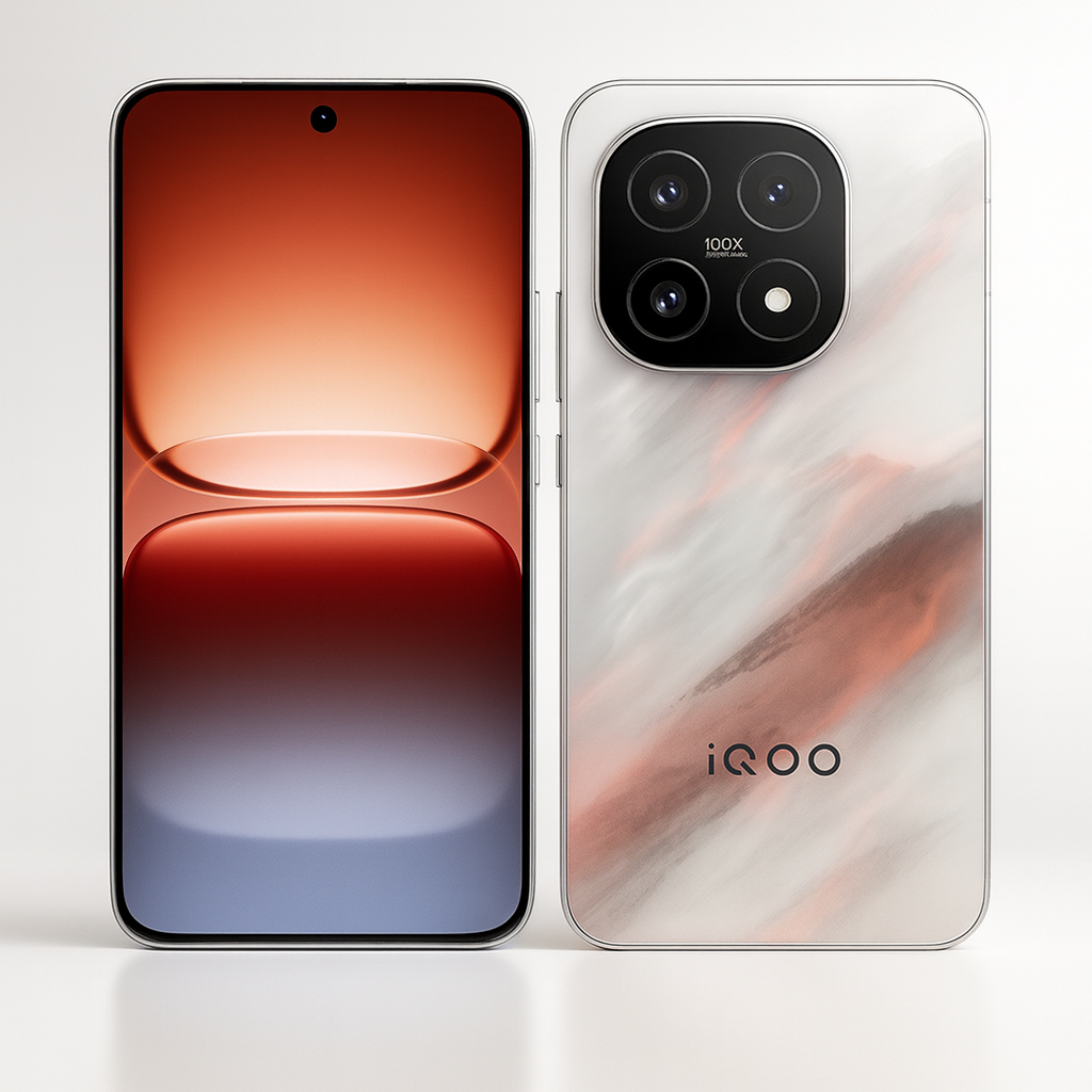 Vivo iQOO 15 smartphone front and back studio render with marble finish and 100× zoom triple camera setup.