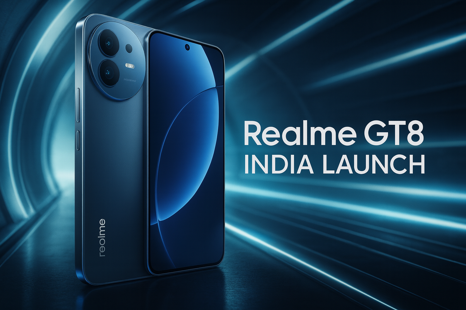 Realme GT8 India Launch showing flagship smartphone with Snapdragon 8 Gen 5 chip, 7000 mAh battery and Ricoh camera.