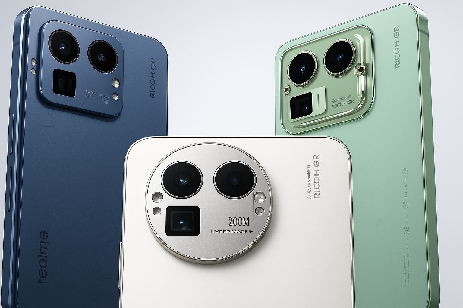 Realme GT8 Pro smartphone lineup in blue, green, and silver featuring a 200MP Ricoh GR camera module and premium metallic finish.