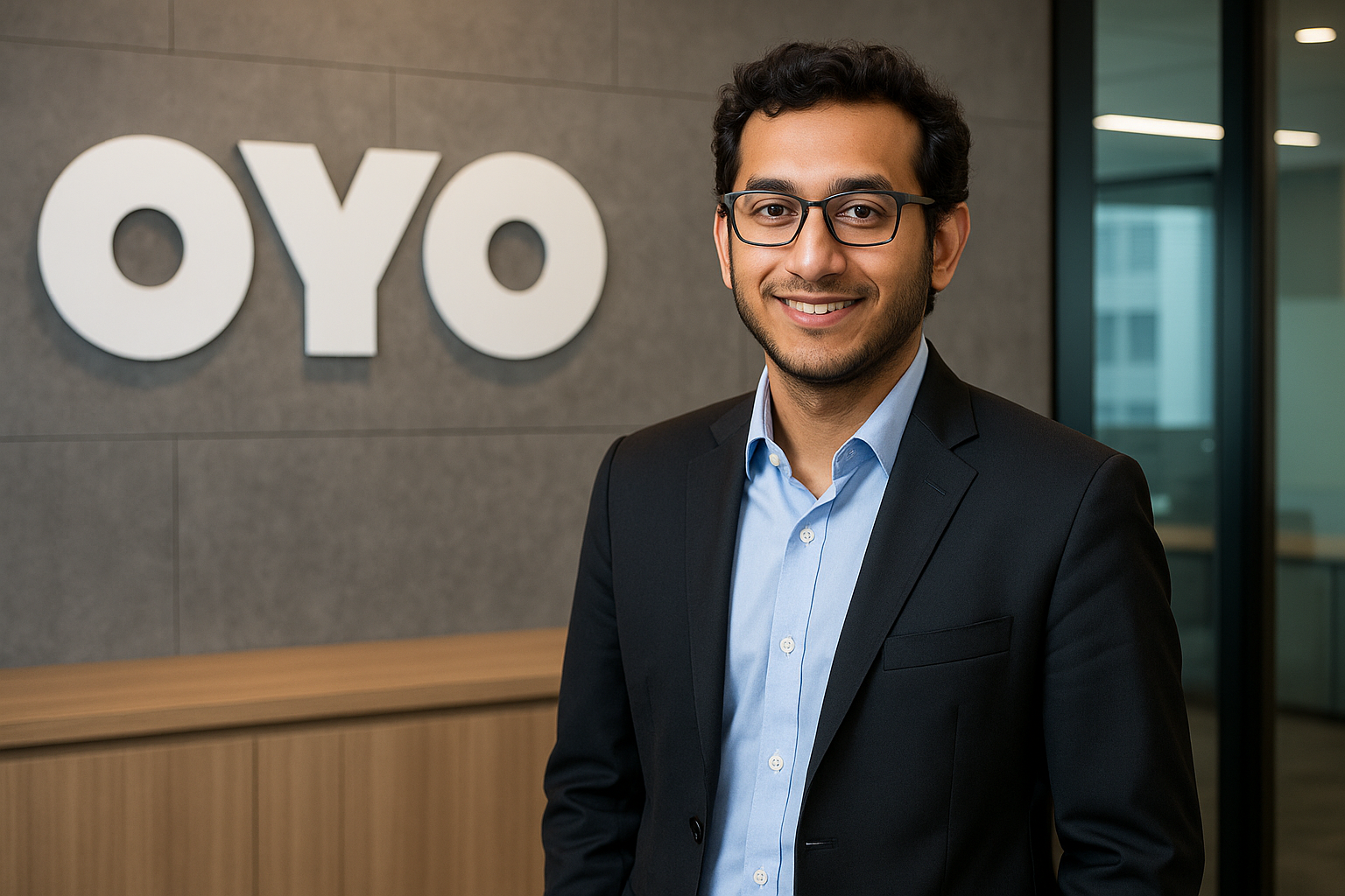 OYO Rooms Founder Ritesh Agarwal, a young and visionary Indian entrepreneur posing confidently as a symbol of young Indian entrepreneurship and startup success.