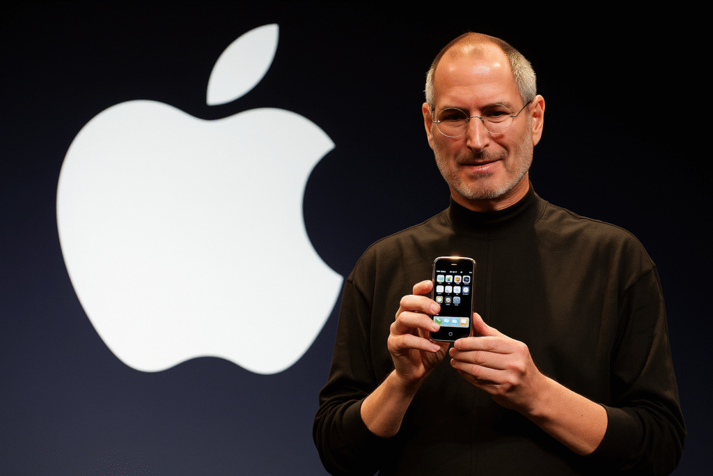 Steve Jobs presenting the first iPhone on stage with a large glowing Apple logo behind him, symbolizing Apple’s innovation and technological revolution.