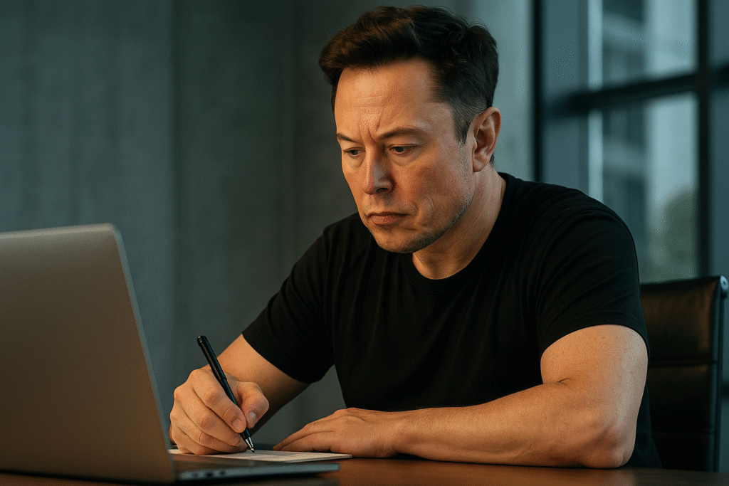 Elon Musk focused on work at his desk, writing in a notebook beside a laptop, symbolizing his relentless work ethic and dedication to innovation at Tesla and SpaceX.