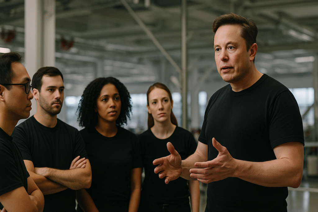 Elon Musk leading a discussion with his diverse team in a modern industrial workspace, demonstrating his leadership and team-building approach at Tesla and SpaceX.