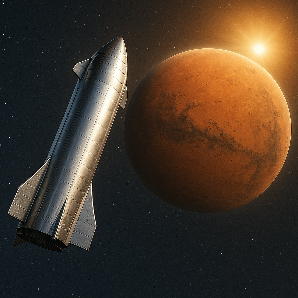 SpaceX Starship approaching Mars under sunlight with the red planet glowing against the dark expanse of space.