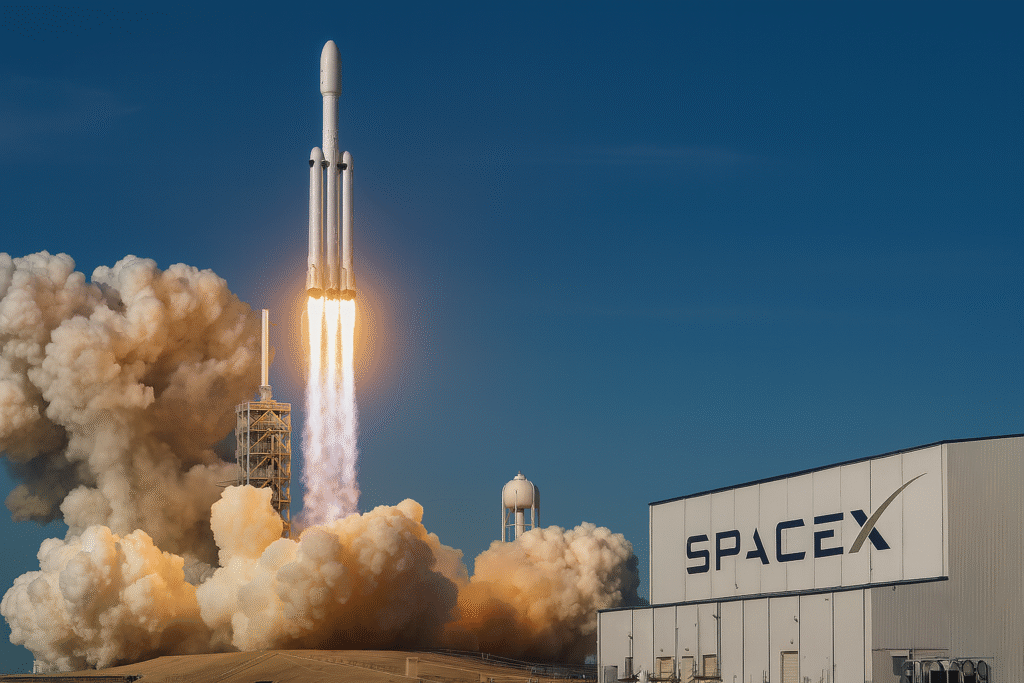 SpaceX Falcon 9 rocket launching from the pad with fiery exhaust and clouds of smoke, beside a white SpaceX facility under a clear blue sky.