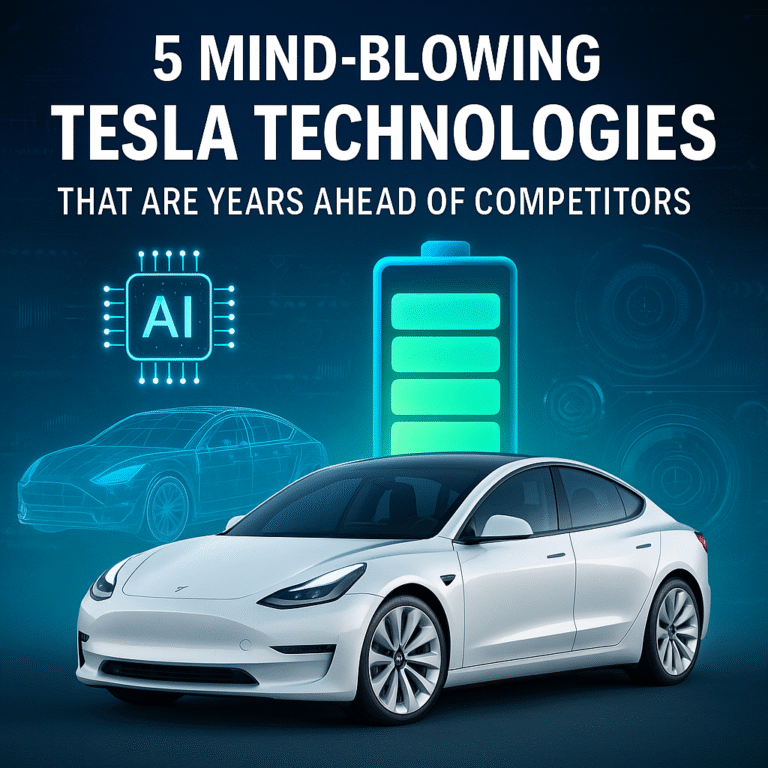 A sleek white Tesla car displayed against a futuristic digital backdrop featuring AI and battery icons, representing Tesla Technologies that are years ahead of competitors.