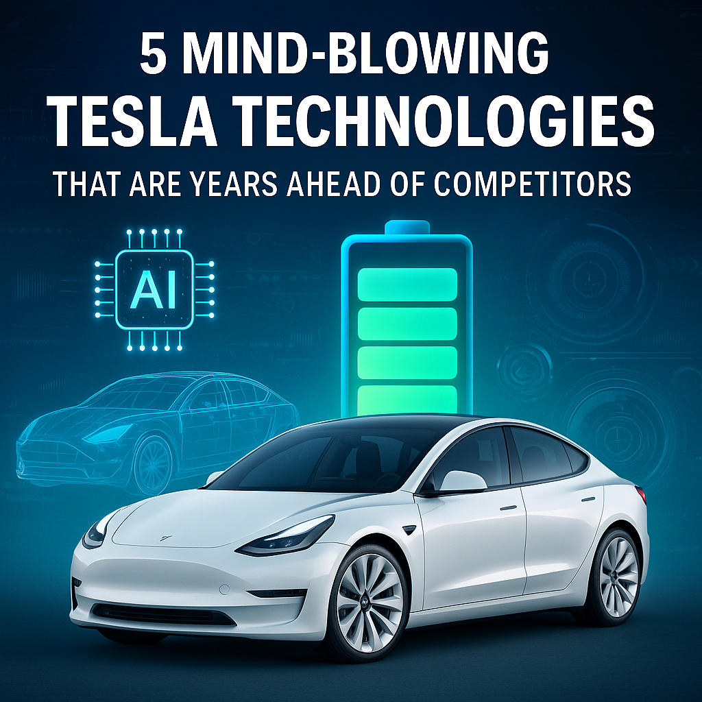 A sleek white Tesla car displayed against a futuristic digital backdrop featuring AI and battery icons, representing Tesla Technologies that are years ahead of competitors.