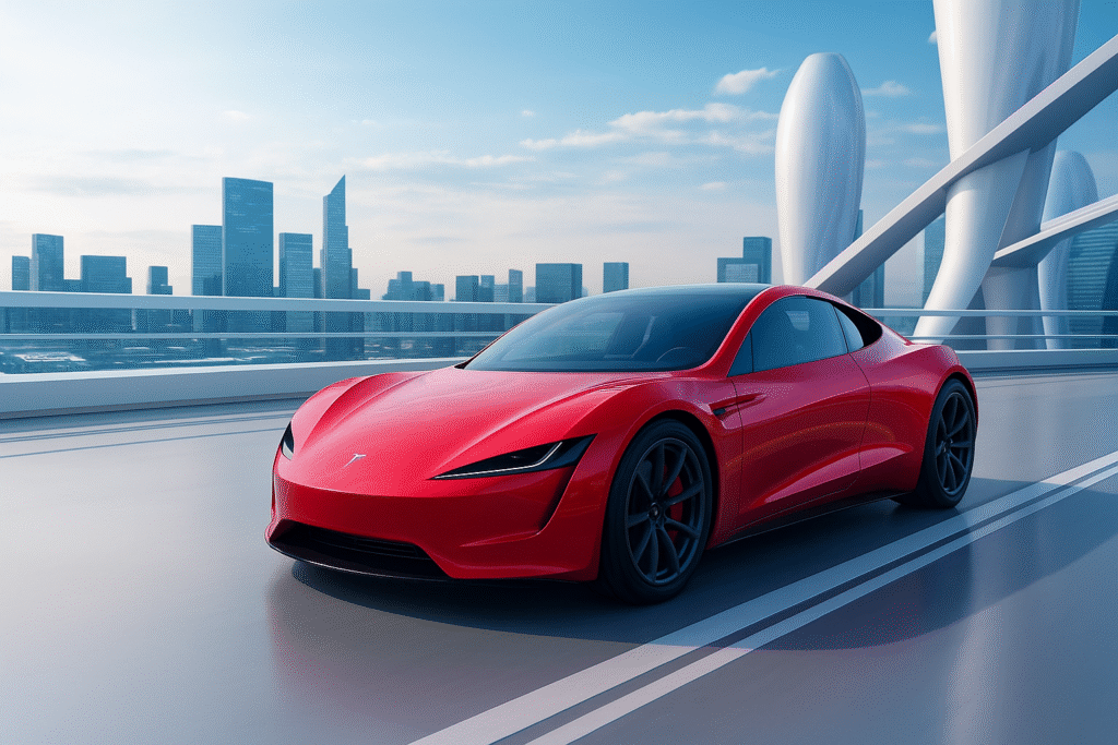 A sleek red electric sports car with a futuristic design driving through a modern cityscape featuring advanced architecture and skyscrapers under a bright blue sky.