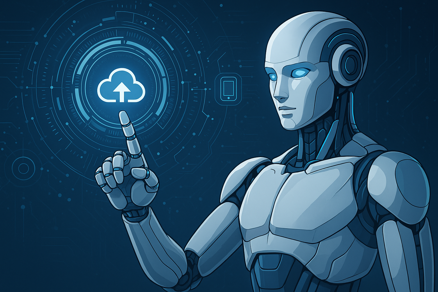 A futuristic humanoid robot interacts with a glowing cloud upload icon on a digital holographic interface, symbolizing Tesla’s Over-the-Air (OTA) software updates and advanced AI integration.